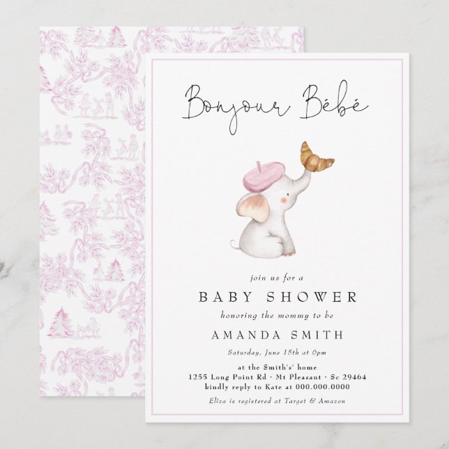 Bonjour Bebe Romantic Fransk Girl Baby Shower Inbjudningar (Fram/baksida)