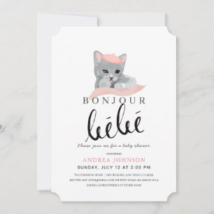 Bonjour Bebe Rosa Beret Cat Girl Baby Shower Inbjudningar