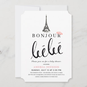 Bonjour Bebe Rosa Beret Eiffel Torn Baby Shower Inbjudningar