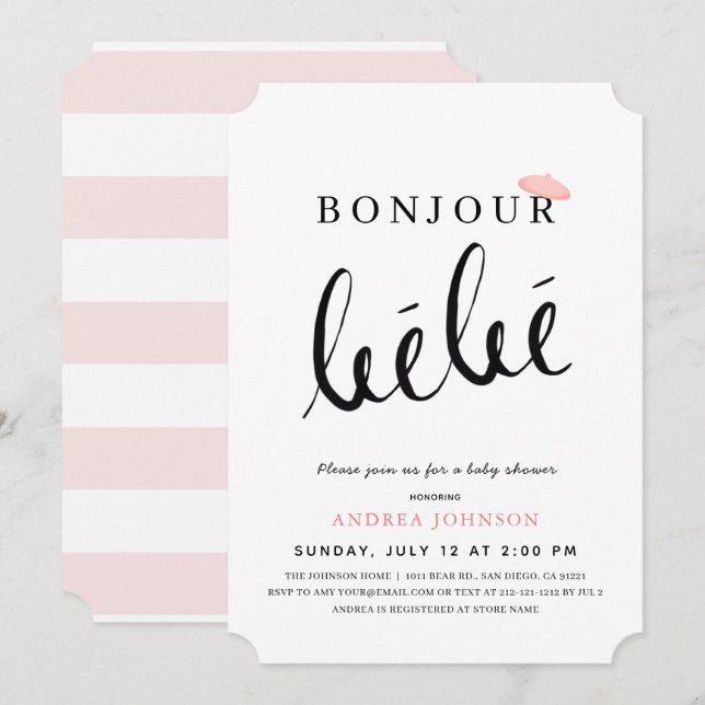 Bonjour Bebe Rosa Beret Simple Girl Baby Shower Inbjudningar (Fram/baksida)