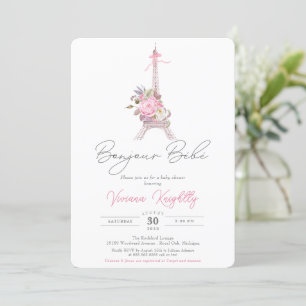 Bonjour Bebe, Rosa Blommigt Eiffel Paris Baby Show Inbjudningar