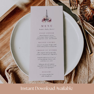 Bonjour Bebe Rosa Blommigt Eiffel Torn Menu Card Inbjudningar
