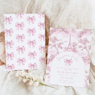 Bonjour bebe Rosa Bow Toile de jouy baby shower Inbjudningar