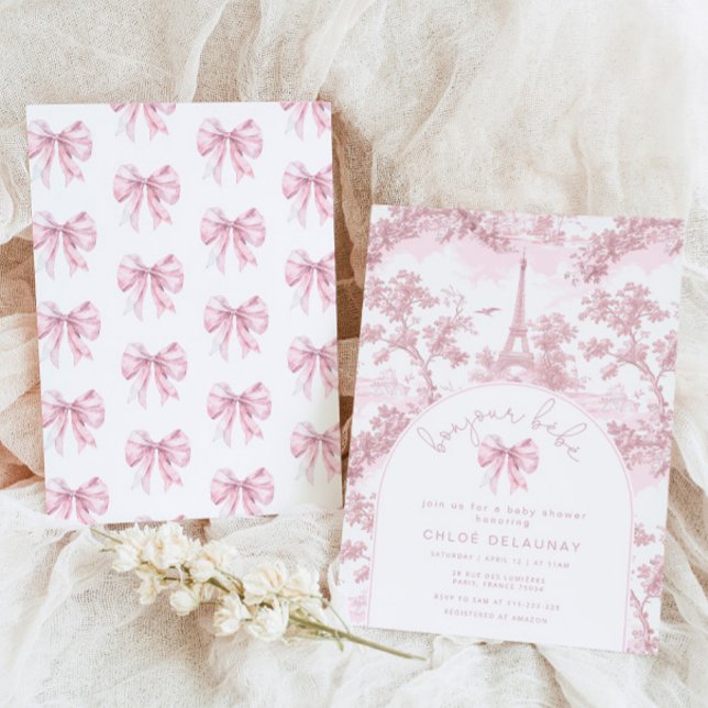 Bonjour bebe Rosa Bow Toile de jouy baby shower Inbjudningar (Skapare uppladdad)