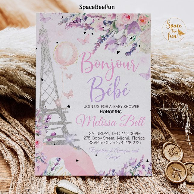 Bonjour Bebe-rosa för Paris Baby Shower-inbjudan Inbjudningar (Paris Baby Shower Invitation Bonjour Bebe Baby Shower Editable Paris Baby Shower Theme Pink purple)