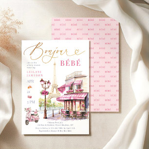 Bonjour Bebe Rosa Fransk Paris Cafe Baby Shower Inbjudningar