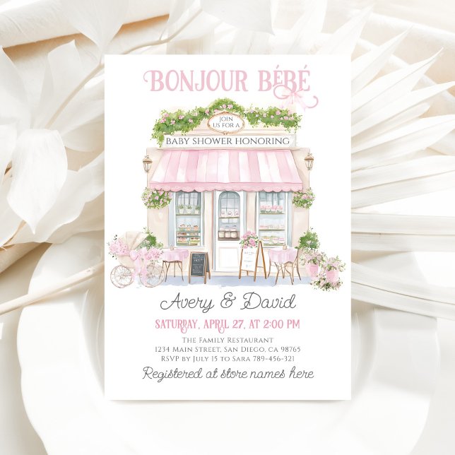 Bonjour Bebe Rosa Parisian Cafe Flicka Shower Inbjudningar (Skapare uppladdad)