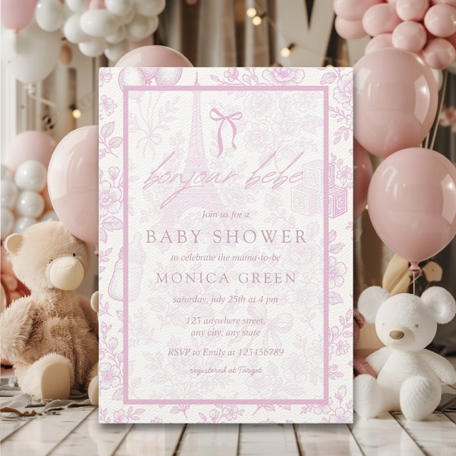 Bonjour Bebe Rosa Toile Fransk Girl Baby Shower Inbjudningar (bonjour bebe french paris macaroon pink toile girls baby shower invitation )