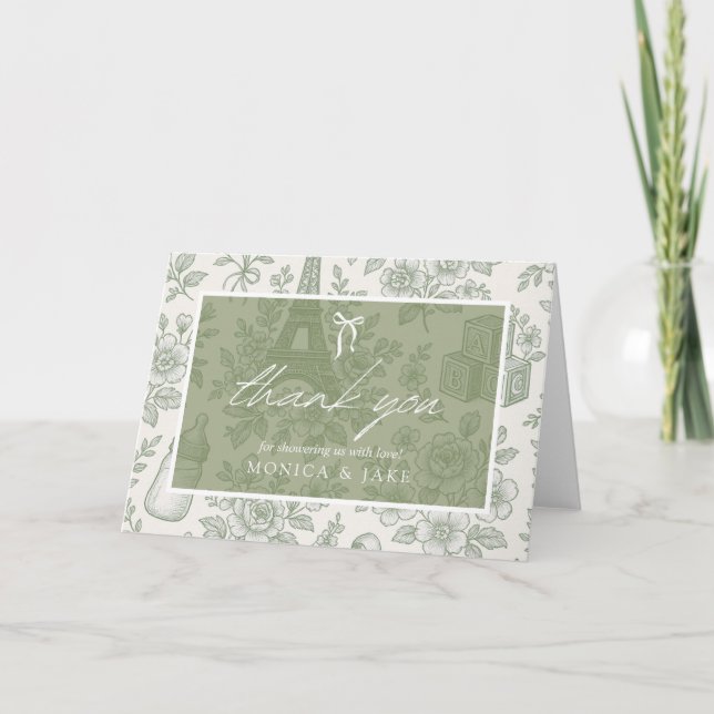 Bonjour Bebe Sage Green Toile French Baby Shower Tack Kort (Framsida)