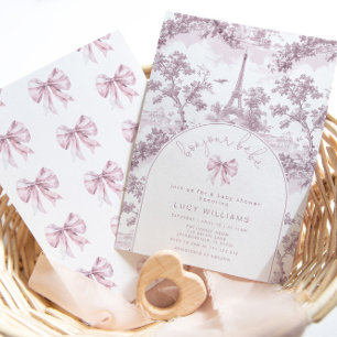 Bonjour Bebe Toile Rosa Bow Fransk Babydusch Inbjudningar