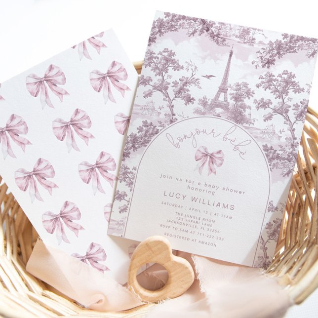 Bonjour Bebe Toile Rosa Bow Fransk Babydusch Inbjudningar (Skapare uppladdad)