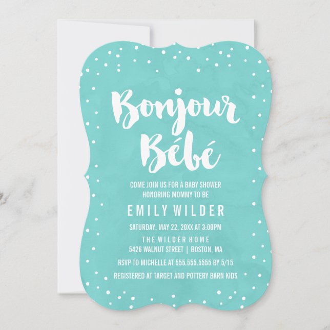 Bonjour Bebe Watercolor Baby Shower Inbjudningar (Framsida)