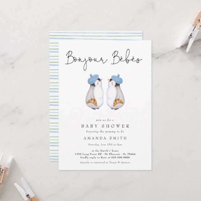 Bonjour Bebes Fransk Penguin Twillingars Baby Show Inbjudningar (Fram/Back In Situ)