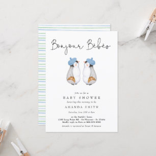 Bonjour Bebes Fransk Penguin Twillingars Baby Show Inbjudningar