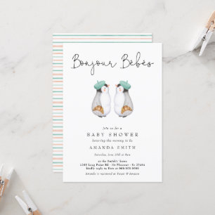 Bonjour Bebes Fransk Penguin Twillingars Baby Show Inbjudningar
