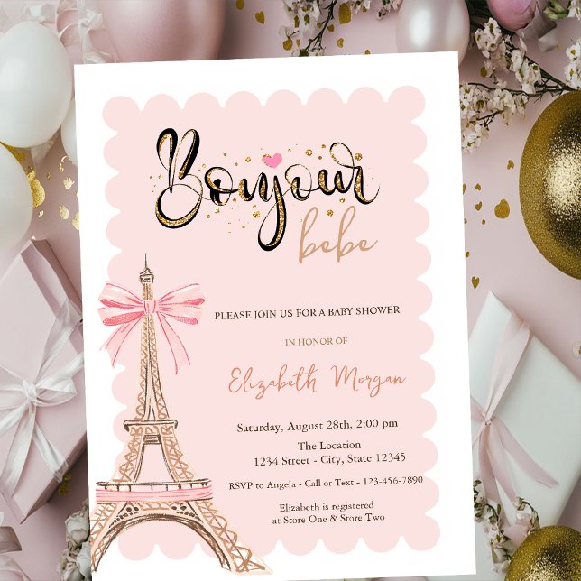 Bonjour Bebis Eiffeltornet Bow Randig Baby Shower Inbjudningar (Skapare uppladdad)