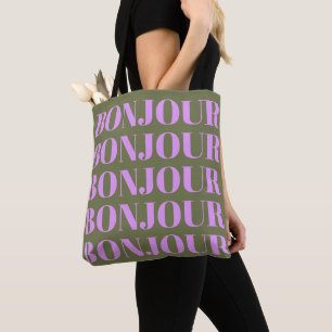 Bonjour   Chic Olive och Lilac Bold Typography Tygkasse
