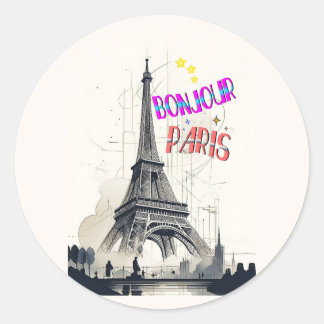 Bonjour Colorful Paris Runt Klistermärke