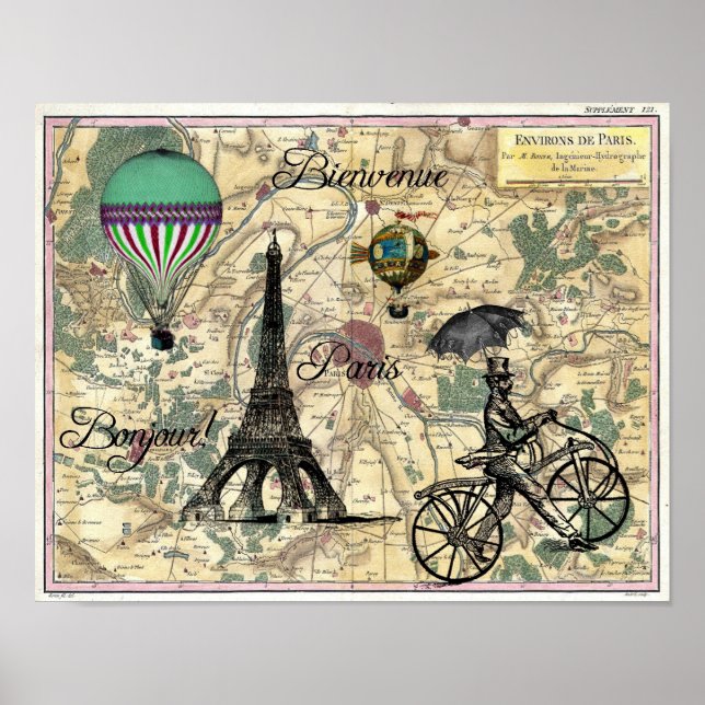 Bonjour De Paris Vintage Karta Art Print Poster (Framsidan)