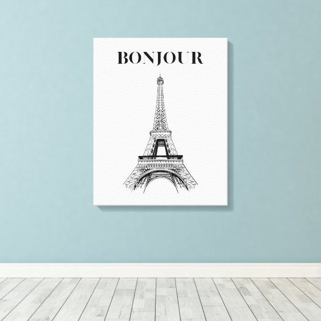 Bonjour Eiffel Torn - Parisian Chic Stretched Canvastryck (Insitu (trägolv))