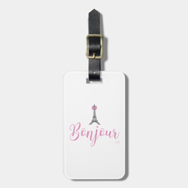 Bonjour-Eiffel Torn Rosa Bow Bagagebricka (Vertikal Framsida)