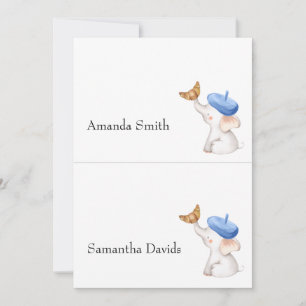 Bonjour Fransk Gingham Blue Baby Shower Place Card Inbjudningar