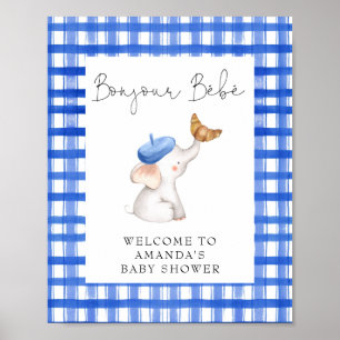Bonjour Fransk Gingham Blue Welcome Baby Shower Poster