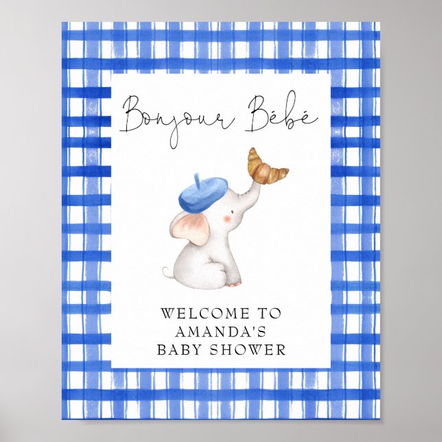 Bonjour Fransk Gingham Blue Welcome Baby Shower Poster (Framsidan)