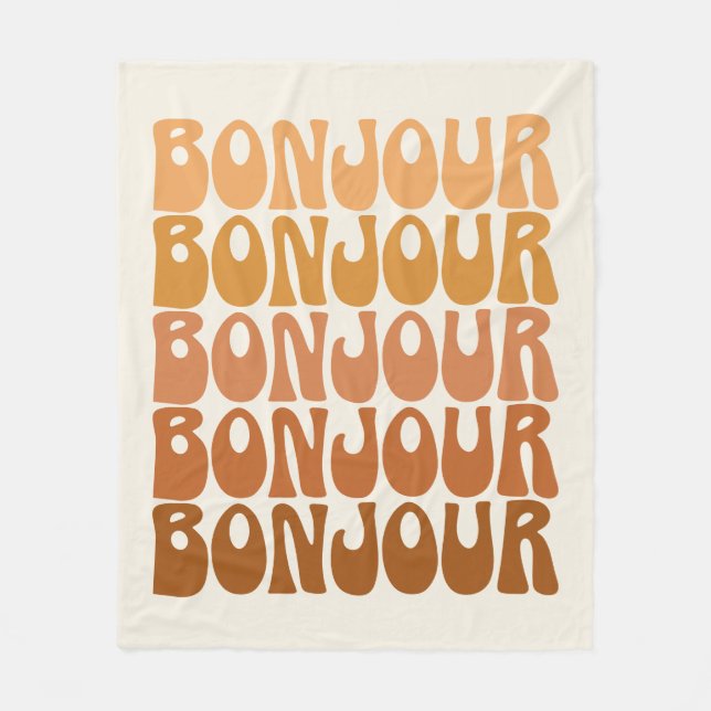Bonjour Fransk Hej Groovy Brown Typography Fleecefilt (Framsidan)