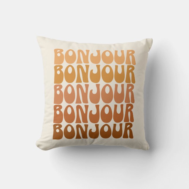Bonjour Fransk Hej Retro 70s Groovy Typography Kudde (Framsida)
