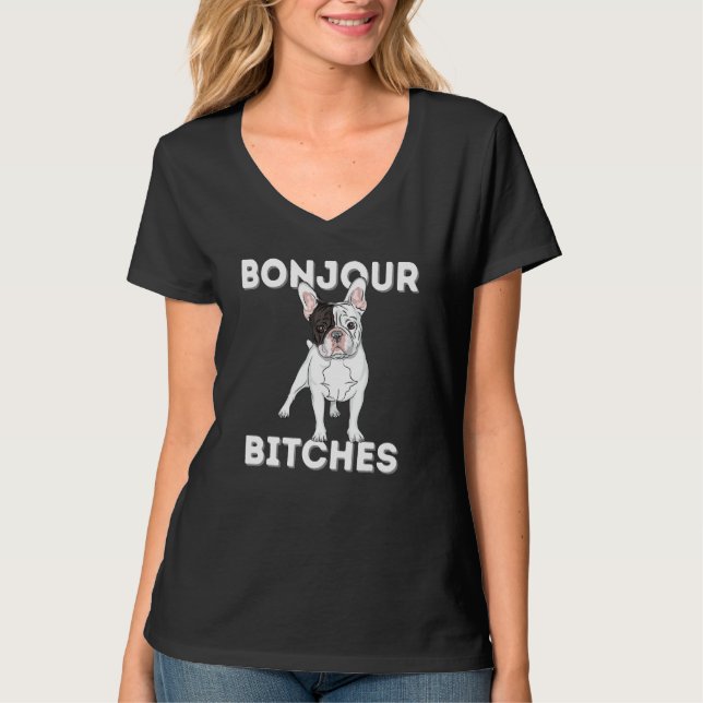 Bonjour Funny Fransk Bulldog Frenchie Hund älskare T Shirt (Framsida)