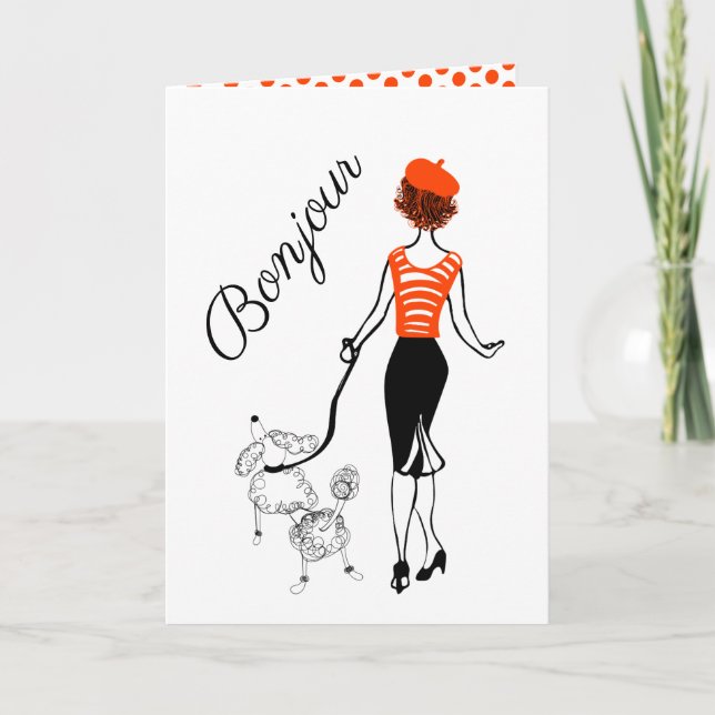 Bonjour Girl and Fransk Pudel Greeting Card Helgkort (Framsida)