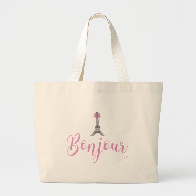 Bonjour-grey-Eiffel-Tower-pink-bow2 Tygkasse (Framsidan)