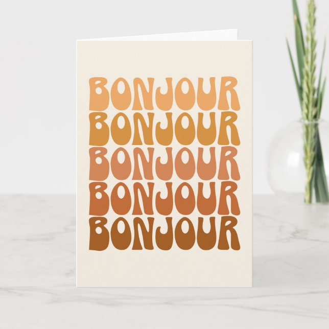 Bonjour | Hej av Fransk i Brown Groovy Typography Kort (Framsida)