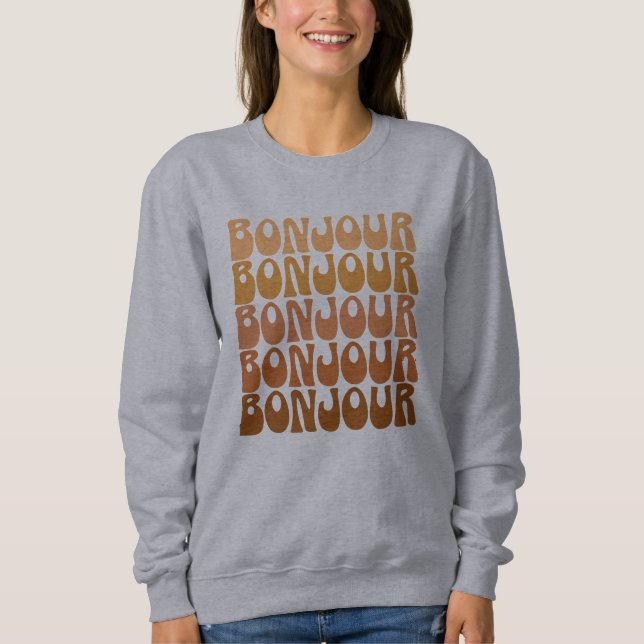 Bonjour | Hej av Fransk i Brown Groovy Typography T Shirt (Framsida)
