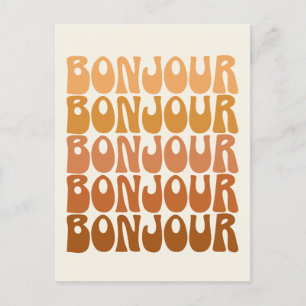 Bonjour   Hej av Fransk i Brown Groovy Typography Vykort