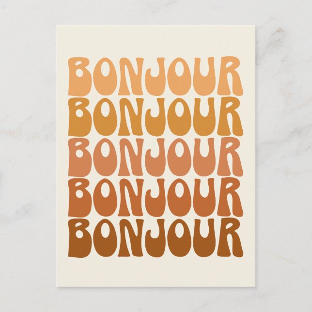 Bonjour | Hej av Fransk i Brown Groovy Typography Vykort (Framsida)