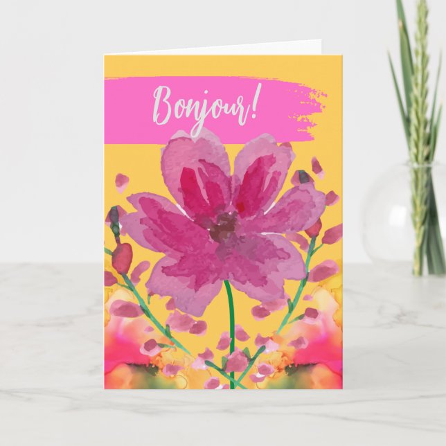 Bonjour Hej in Fransk Watercolor Flowers Kort (Framsida)