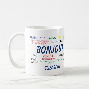 Bonjour Många språk reser i Namn Kaffemugg