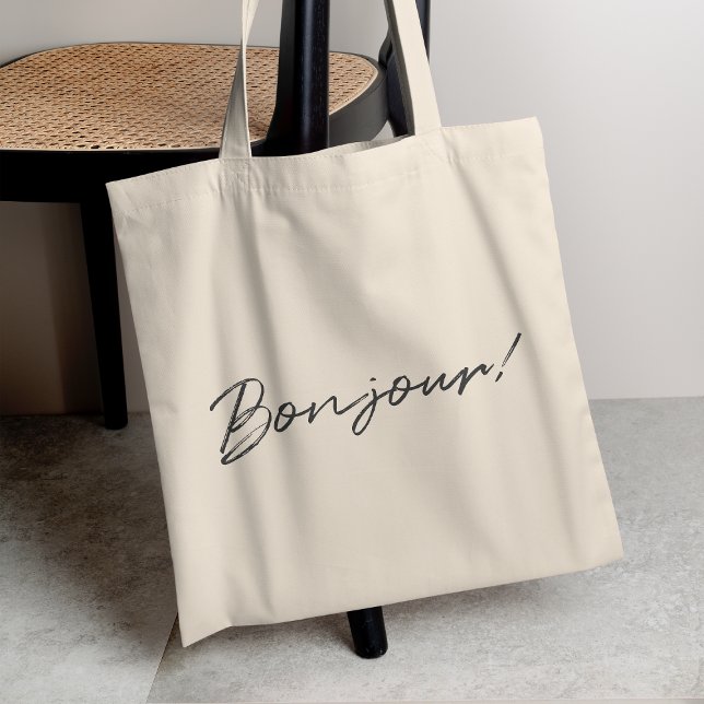 Bonjour! | Modern Script Fransk Hej Trendig Black Tygkasse (Skapare uppladdad)