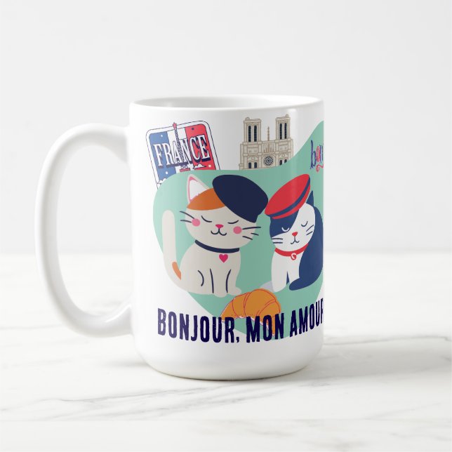 Bonjour Mon Amour | French Culture Cats Gift Kaffemugg (Vänster)
