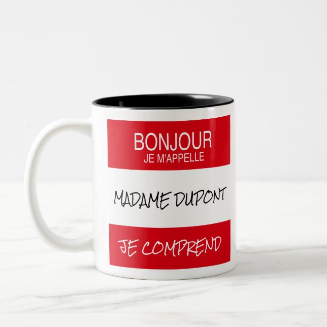 "Bonjour" Namn Badge Fransk Lärare Gift Mugg (Vänster)
