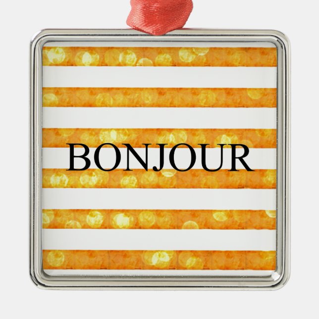 Bonjour Orange Stripe Bokeh Julgransprydnad Metall (Framsidan)