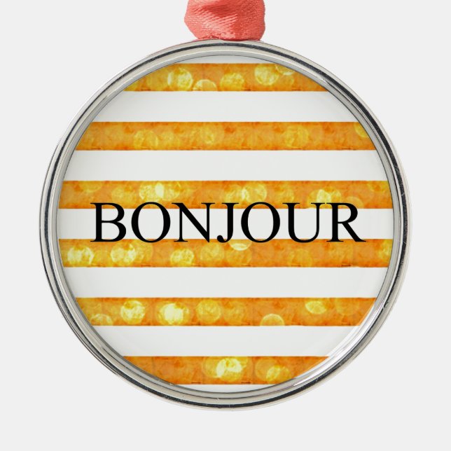 Bonjour Orange Stripe Bokeh Julgransprydnad Metall (Framsidan)