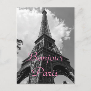 Bonjour Paris Black White Eiffel Torn Frankrike Vykort