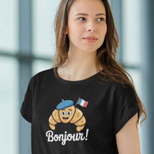 Bonjour Paris Croissant Fransk Flagga Dam T-shirt