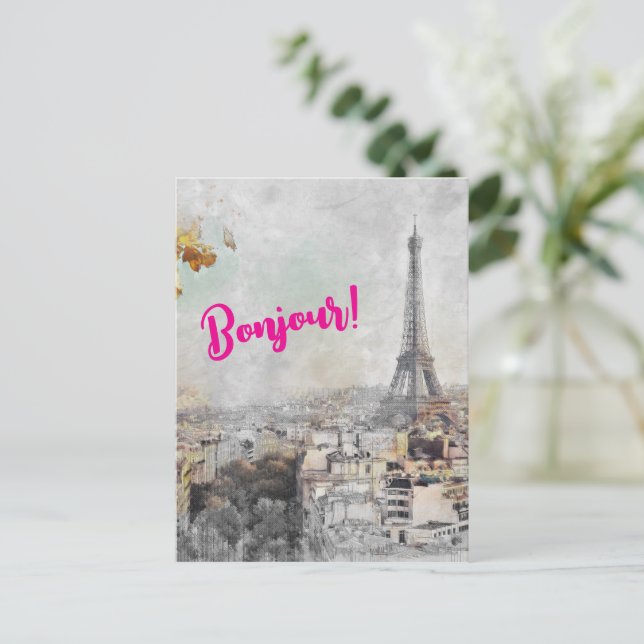 "Bonjour Paris" Eiffel Torn vykort - Resor (Stående Fram)