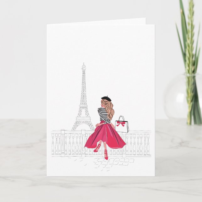 Bonjour Paris! Kvinna från Eiffel Torn Card Tack Kort (Framsida)