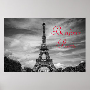 Bonjour Paris Svart Vitt Eiffeltorn Resa Poster