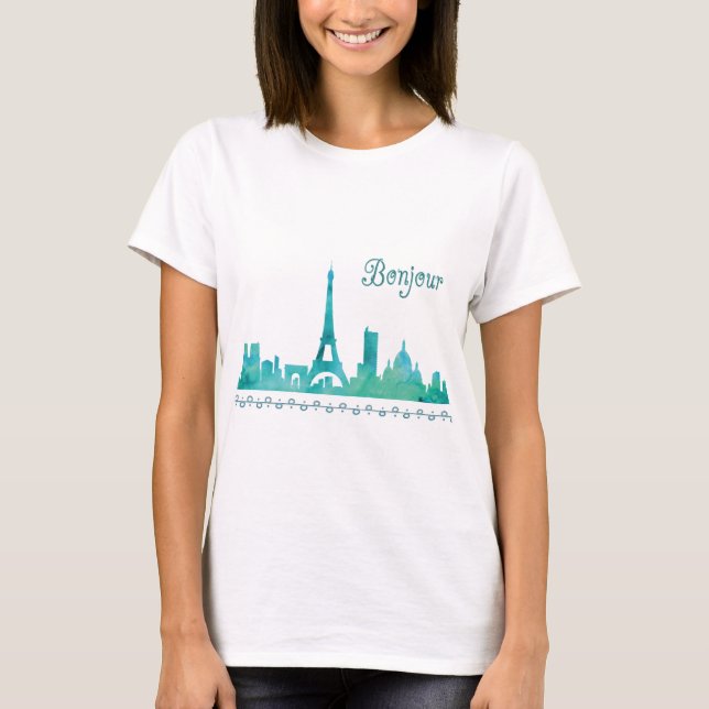 Bonjour Paris Watercolor Silhouette T Shirt (Framsida)